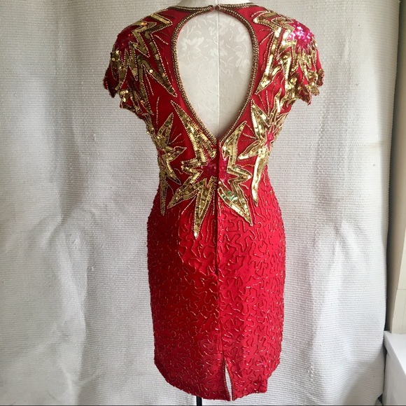 Vintage 80s 90s S/M July 4th Fireworks Silk Party Beaded Dress Holiday Stars - Picture 7 of 16